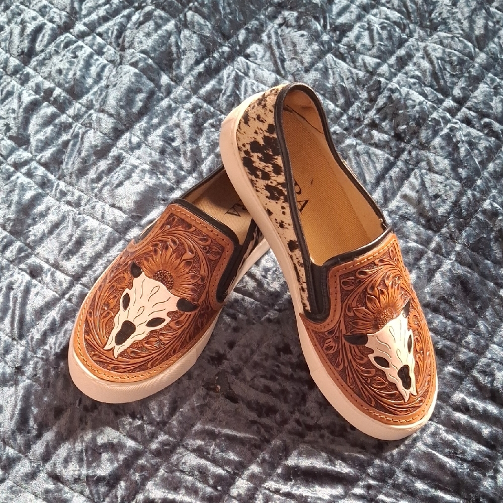 Myra Bag Brown and Black Slip-On Shoes with Skull Design
